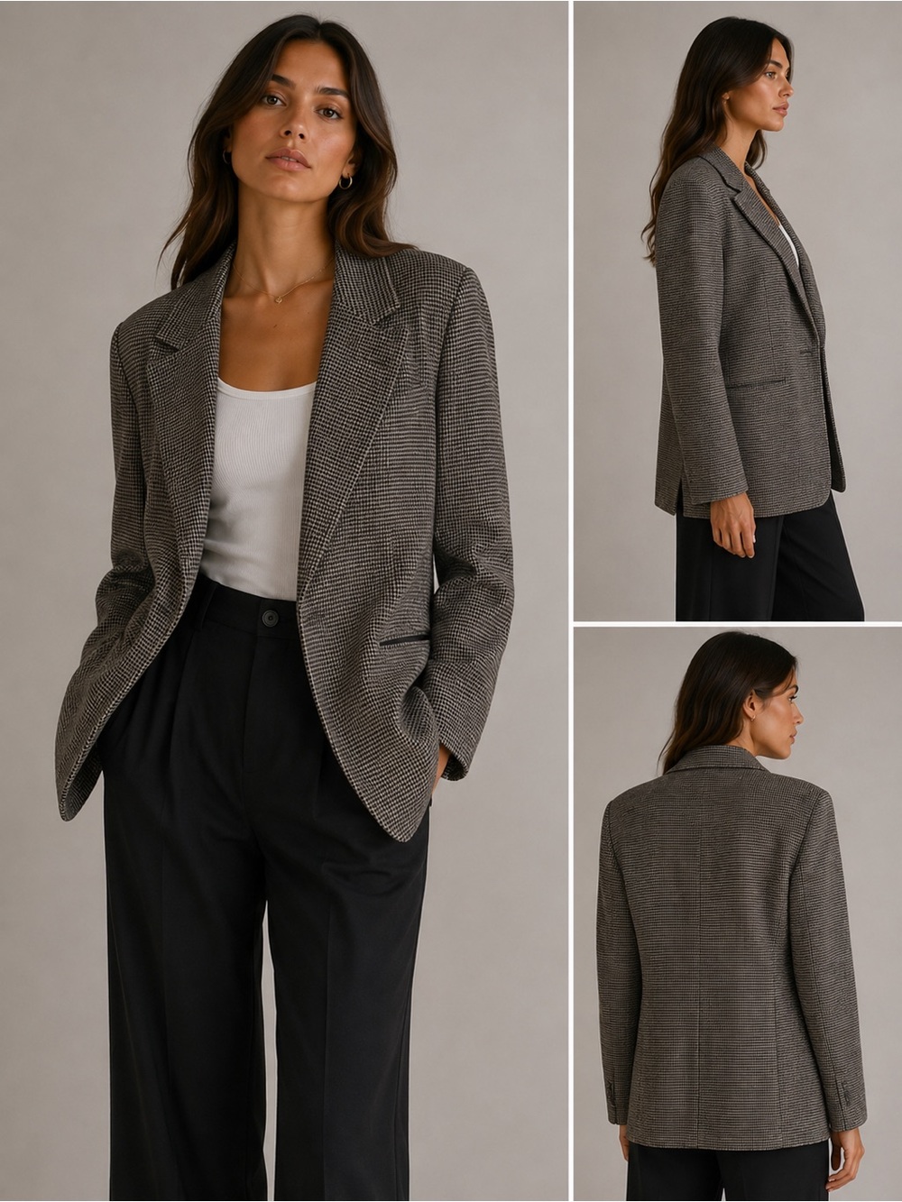 Vintage Gucci Leather Textured Houndstooth Blazer Jacket Silk Wool - Brown L